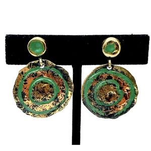 Vintage Brutalist Maya Mexico Hammered Brass Copper Earrings Screw Back Dangles